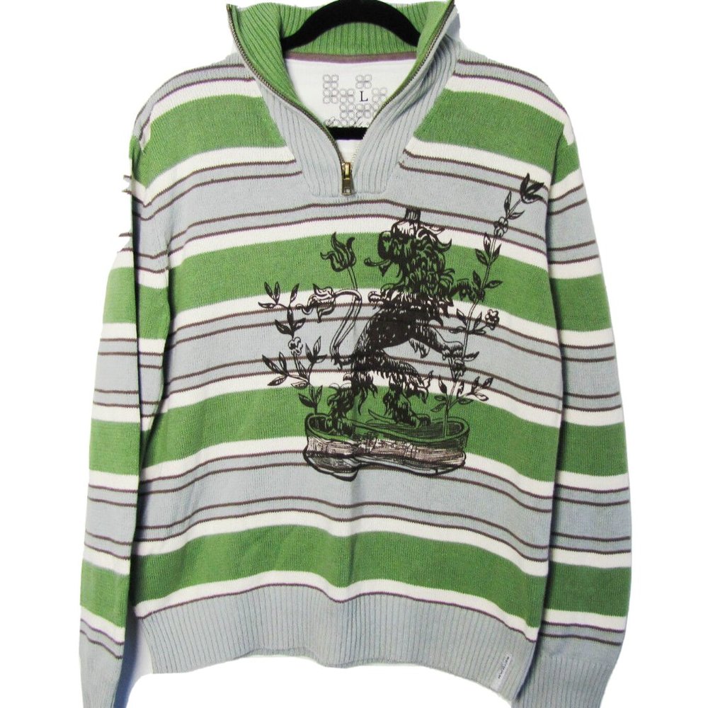LION PRINT STRIPED ORGANIC COTTON ZIPPER COLLAR SWEATER